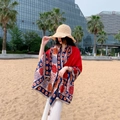 Ethnic style floral print beach shawl in vibrant red for summer sun protection - Viridian-Red Blue Beige Ethnic Floral / 180cm