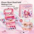 Pink kids makeup vanity set in portable case with eye shadows and lip glosses - Floral Heart Portable Makeup Case