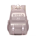 Grote capaciteit studentenrugzak in licht lavendel met Hello-print en smile icoon - Donkerpaars