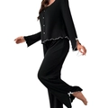 Women's black long sleeve pajama set with white lettuce trim and bow details - S / Black