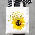 White canvas tote bag featuring sunflower and dragonfly print for casual shoulder wear - Sunflower & Dragonfly (STD707-M)