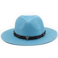 Light blue straw fedora featuring a decorative leather band with metallic bull skull charm - M (56-58cm) / Lake Blue
