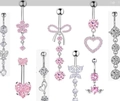 Pink and clear zircon belly button rings set in silver stainless steel finish - Heart/Butterfly/Flower/Bow/Round Styles / Silver/Pink