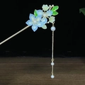 Antike goldene Haarnadel mit blauen Blütenblättern und eleganten langen Quasten - Blaue Blume Grünes Blatt Gold Kunstperle Quaste Stil (0173)