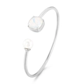 Bracciale a fascia argento a C con gemma bianca quadrata e perla bianca rotonda - Colore AB + Argento