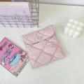 Pink quilted fabric storage pouch with heart detail shown in a lifestyle desk setting - Light Pink Plaid