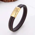 Braided leather bracelet in dark brown and black with polished gold stainless steel clasp - Black Brown Leather + Gold Clasp
