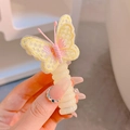 Cream spiral hair tie with cute embroidered butterfly decoration for kids hair styling - Pale Yellow Butterfly/Beige Loop