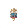 Detailed close-up of golden owl charm with blue and pink glitter enamel for jewelry making - Blue Owl Purple