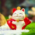 Nine-tailed fox lucky cat figurine in white with red koi fish and golden coin - Koi Carp Lucky Cat