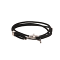 Detail of black woven rope bracelet with polished silver shark-shaped charm and metal caps - Dolphin / Black