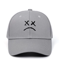 Grey baseball cap with black embroidered sad face emoji, cotton streetwear style hat - Gray