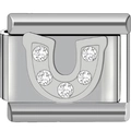 Silver modular stainless steel link charm with a horseshoe crystal pattern design - 0114-platinum U