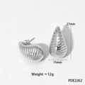 Polished silver leaf earrings in ribbed stainless steel finish, size 27mm by 15mm - Striped Hollow Leaf Style (PDE2262)