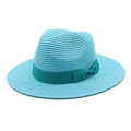 Detail of sky blue straw fedora hat featuring a teal grosgrain ribbon and bow decoration - M (56-58cm) / Lake Blue