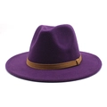 Close-up of deep purple fedora hat with a brown suede buckle band detail - M (56-58cm) / Purple