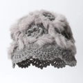 Winter warm hand-crocheted grey bunny fur knit hat with elegant wavy flower edge - One Size / Gray