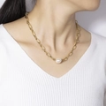 Baroque irregular pearl necklace with 18k gold plated chunky chain worn by a female model - Large Link Chain Single Pearl Style (N939-GO)