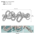 Details von silberner Strass-Haarspange mit Produktmaßen und Design der rückseitigen Klammer - Schreibschrift Buchstaben Stil (HS-J7097S) / Silber