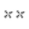 Close-up of silver bow stud earrings with black micro-paved rhinestones and polished finish - Platinum Black Zirconia