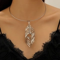 Silver geometric wavy feather pendant necklace in a minimalist leaf hollow design - Hollow-out Multi-layer Leaf Silver Tone Style (White Gold 3788)