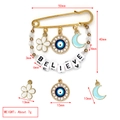 Detail view of Evil Eye brooch pin with dimensions and BELIEVE letter beads charms - BELIEVE Letter Flower Rhinestone Evil Eye Style (BE1728BU00)