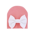 Soft pink knit baby hat with a large white bow decoration for infants 0-6 months - 0-6 Months / Shrimp Pink and White