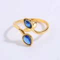 Golden titanium steel open ring with blue gemstone in elegant leaf motif design - Gold Blue Flower Bud Style (JZ28-1)
