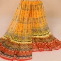 Chiffon silk scarf with orange ethnic floral patterns and wavy hem border design - Yellow (Bohemian Ethnic)