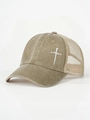 Detail of cross embroidery on distressed khaki trucker hat with breathable mesh back - Khaki
