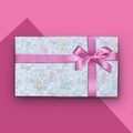 Light blue gift box with cute cat and dog illustrations and a pink satin ribbon bow - Style 4 (Light Blue Pet Party)