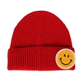 Winter red knitted beanie hat featuring a yellow plush smiley face patch for couples - One Size / Red
