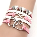Pink and white braided leather bracelet with silver heart and infinity symbol charms - Pink Heart Braided Bracelet