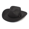 Close-up of black straw cowboy hat featuring fine woven texture and gold metal rivet detail - M(56-58cm) / Black