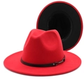 Klassischer zweifarbiger Wollfilzhut in Rot und Schwarz mit schwarzem Lederband und Schnalle - M (56-58cm) / Rot und Schwarz