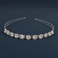 Detailed macro view of silver tiara headband with sparkling round crystals in a double row - Equidistant Spaced Rhinestone Double Line Style (TG-8)