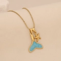 Golden bead chain necklace featuring a blue enamel fishtail and small starfish pendant - Blue Fish Tail Starfish Style