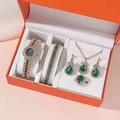 Luxury gold women's watch and jewelry set with green crystals in an orange gift box - Rose Gold/Green Set