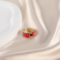 Vintage gold adjustable ring with red enamel and black bead on champagne silk - Red - Black Bead - Open