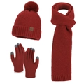 Winter red knitted hat, scarf and touchscreen gloves 3-piece set for women with pompom - Burgundy