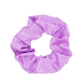 Close-up of a purple satin scrunchie showing detailed silk texture and elastic structure - Deep purple