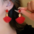 Red fan tassel earrings with rectangular gemstone and gold oval charm detail - Silver Earring Post - Red - Fan Shape