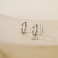 Detailed size view of silver huggie earrings with cubic zirconia, 1.2cm height and 0.2cm width - Hoop Square Rhinestone (E071305bkb) / One Pair / White Gold