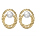 Golden double hoop twisted earrings with a centered white freshwater pearl - GPE26-14K Retro Twisted Rope Pearl Studs / Gold