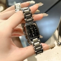 Women's silver square quartz watch with black dial and diamond markers on metal strap - Silver Case Black Dial