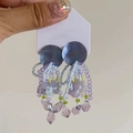 Colorful floral tassel earrings with purple and blue beads held by hand on white background - 37# Silver Pin - Blue Purple