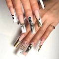 Halloween Sarg-Nägel zum Aufkleben mit goldenen Fledermäusen und Ghostface-Mustern - Halloween Scream Ghostface Schwarz Gold Stil (SGCY-612) / Kleber-Typ