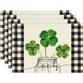 Detail view of 4-piece linen placemat set with St. Patrick's Day clover and lucky text - Glass Jar Clover Design (8) / 30x45cm