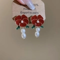 Detailed close-up of handmade red enamel rose earrings with elegant white pearl drops - 73# Silver Earring Post - Gold - Red