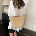 Large capacity hand-woven khaki straw tote bag with shoulder straps for beach vacation - Plain Coffee No Accessories